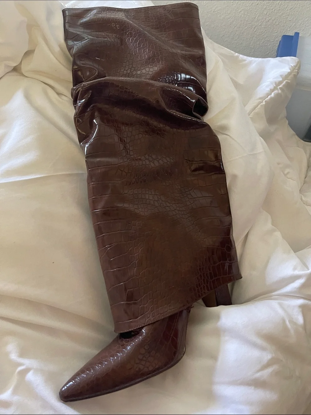 SHEIN Brown Croc-Embossed Over-the-Knee Pointed Toe Boots